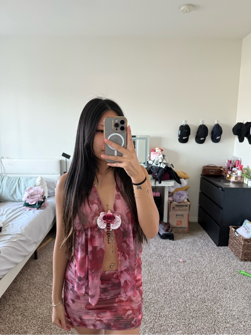 Pink floral halter top and skirt set